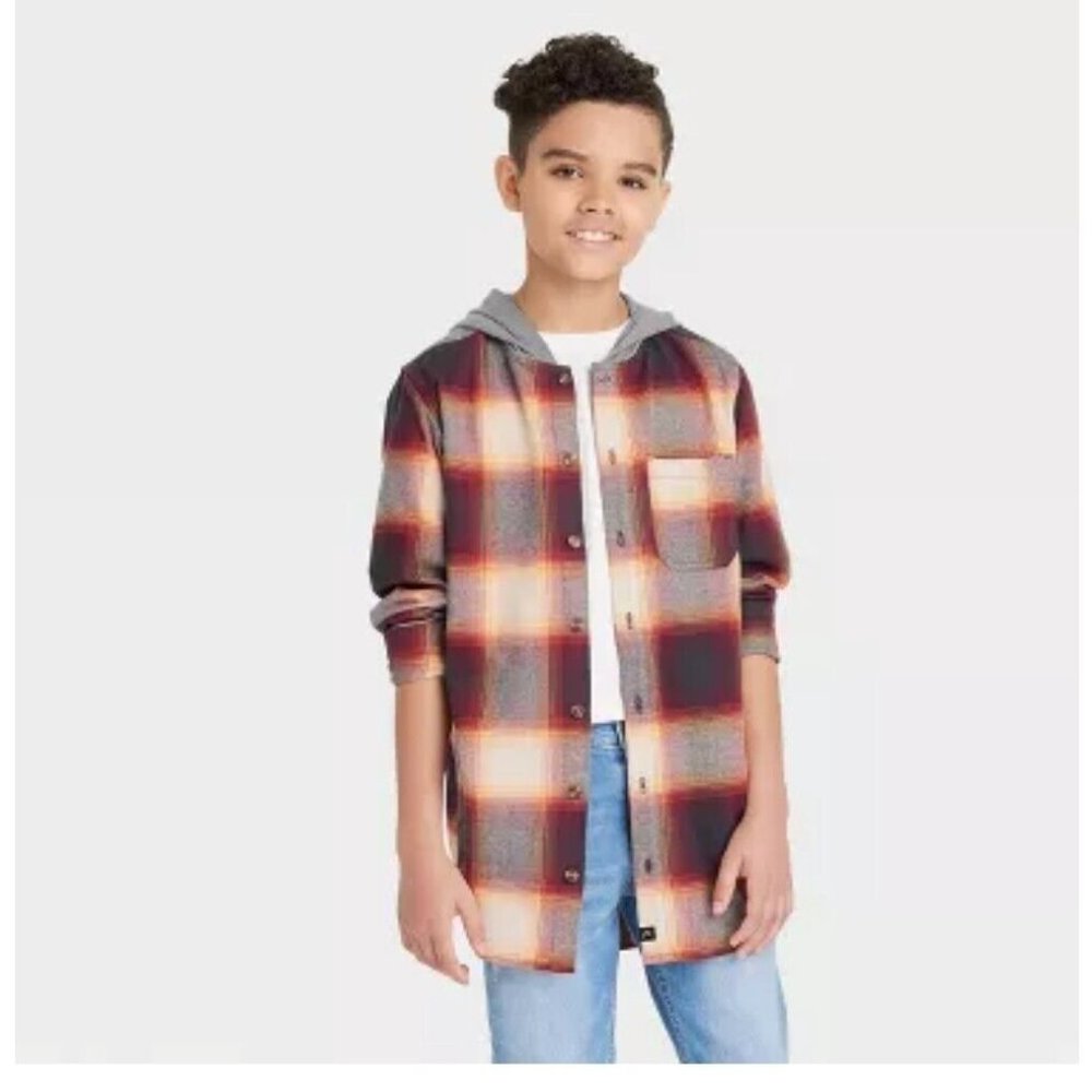 Art Class Boys' Cream Plaid Hooded Flannel Button Down Shirt Size XS (4/5)